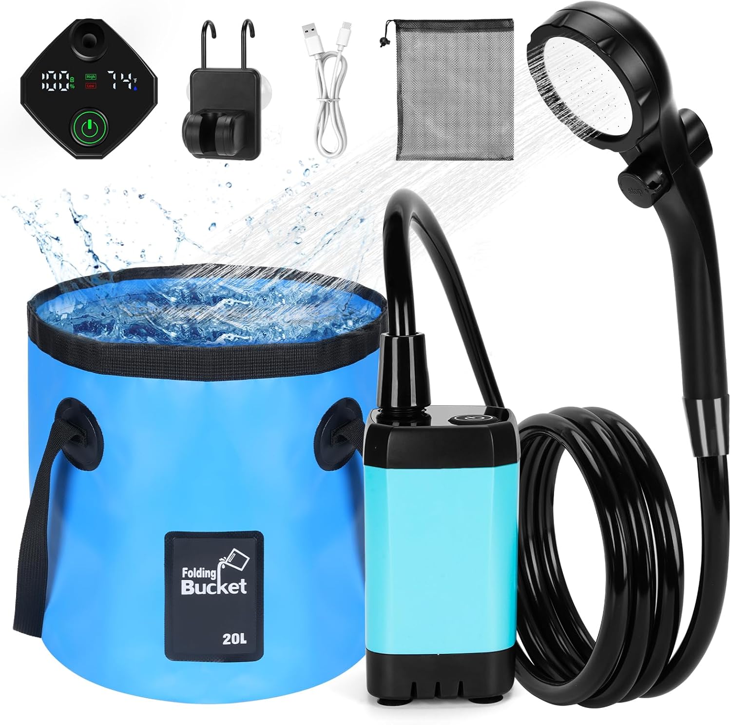 Portable Camping Shower + Foldable Bucket & Pump