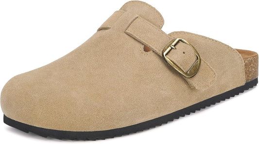 Womens Suede Clogs with Arch Support and Cork Footbed Sandals