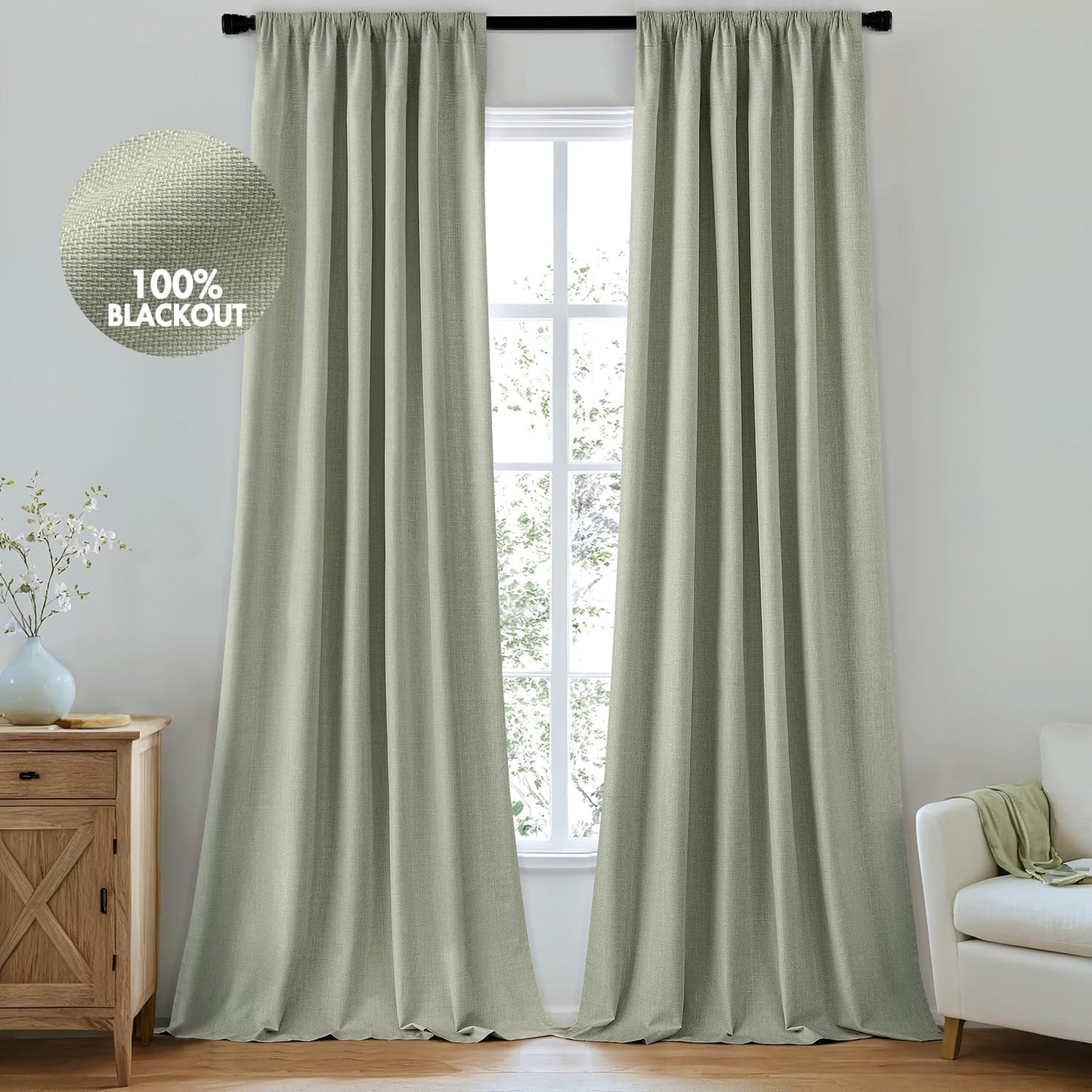 MIULEE 100% Blackout Curtains for Bedroom, Sage Green 108 Inch
