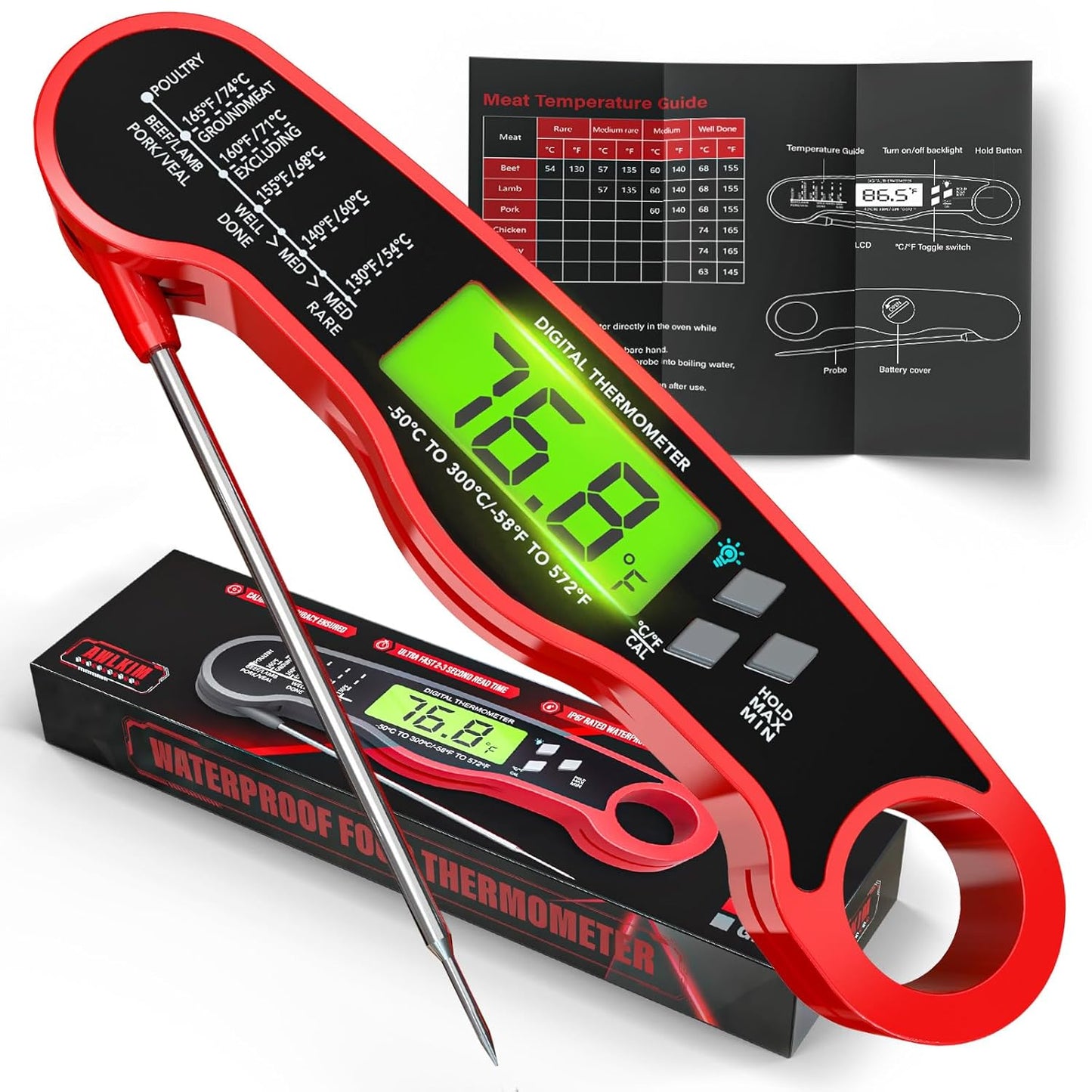 AWLKIM Red Waterproof Fast Meat Thermometer