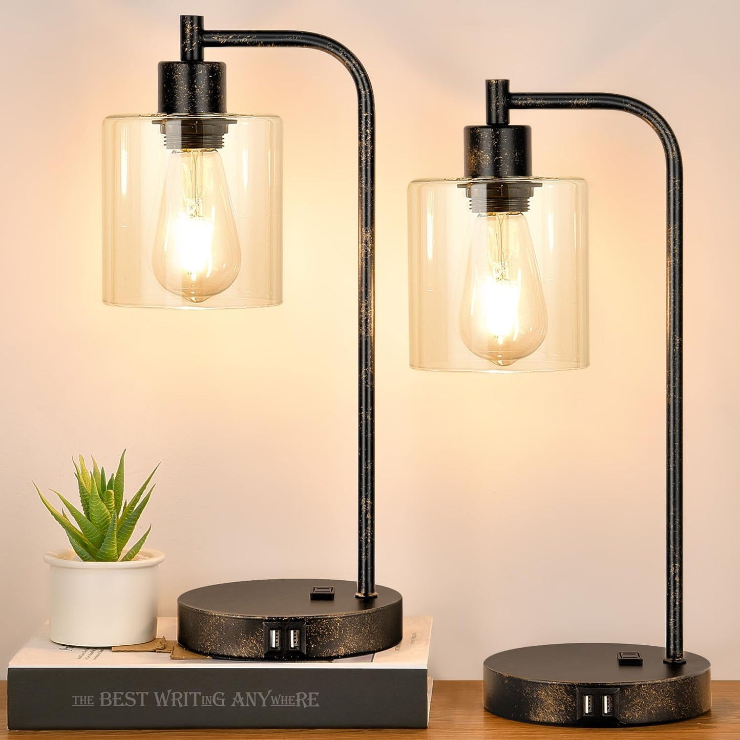 Industrial Touch Table Lamps Set of 2 with USB Ports & AC Outlet