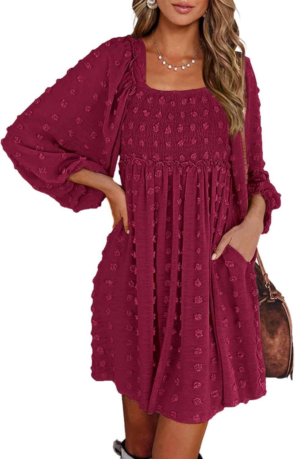 Womens Long Sleeve Dress with Square Neck and Floral Print