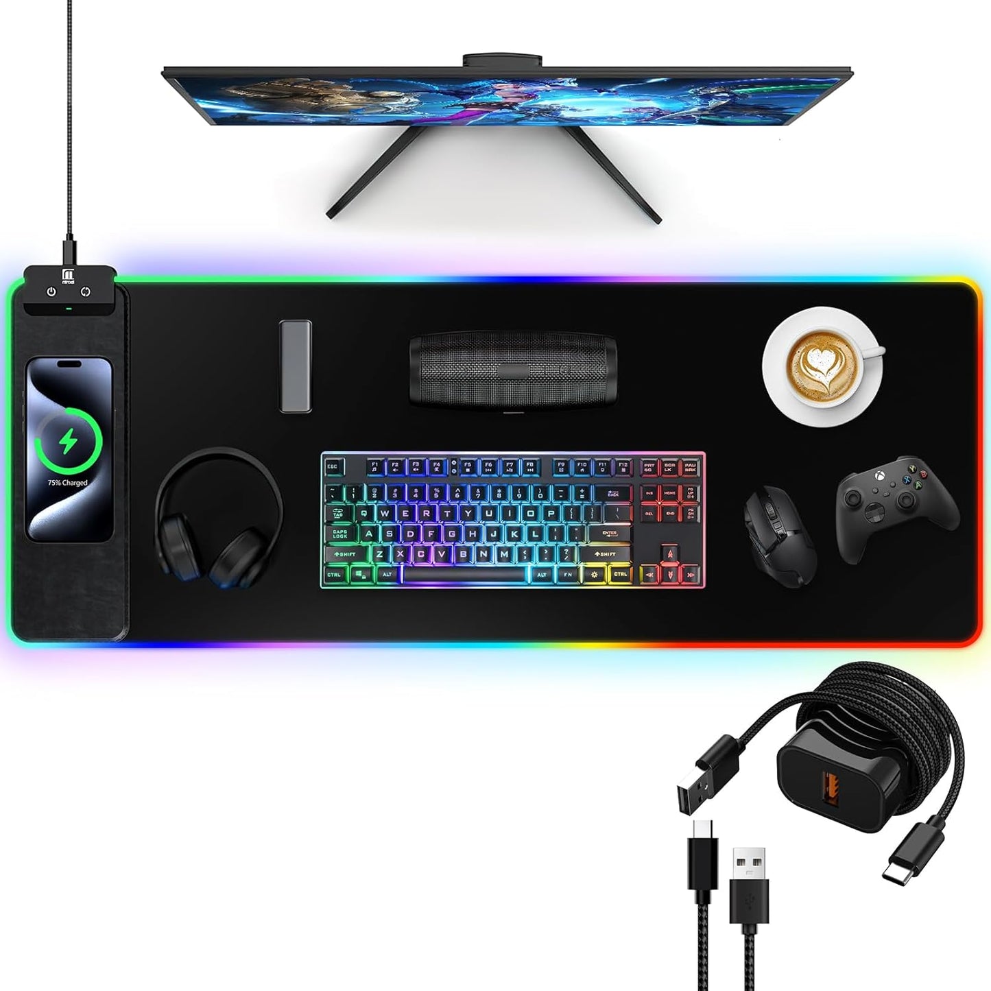 RGB Gaming Mouse Pad with Fast Wireless Charger and LED Lighting