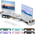 Dual Monitor Stand Riser White - Desk Organizer with Drawer