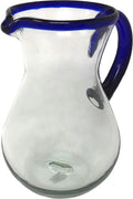 Mexican Hand Blown Glass Pitcher Cobalt Blue Rim and Handle - 84 oz
