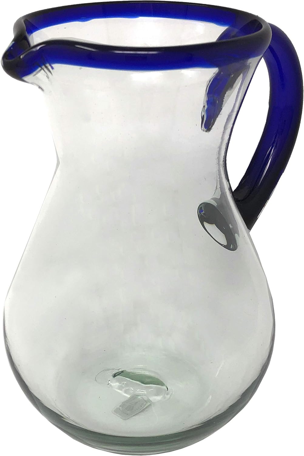 Mexican Hand Blown Glass Pitcher with Cobalt Blue Rim and Handle