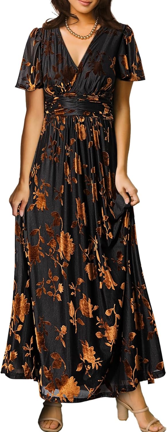 Elegant V Neck Velvet Maxi Dress for Formal Occasions