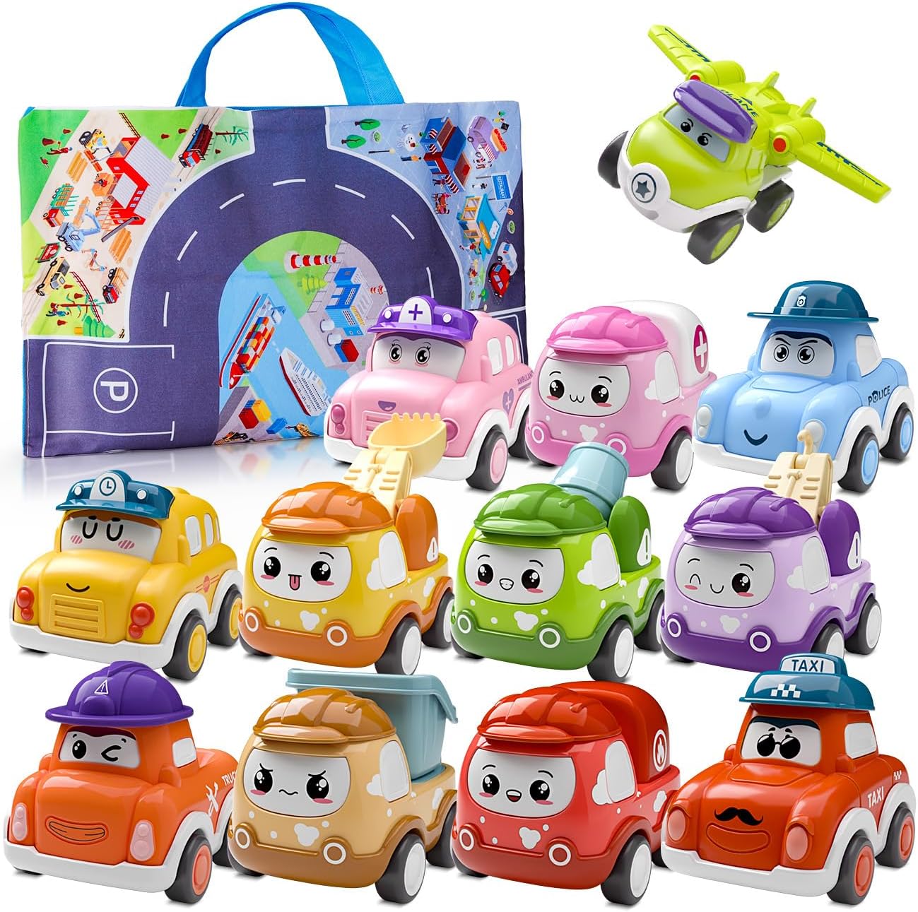 12-Piece Car Toys Set for Toddler Boys, Pull-Back Mini Trucks w/ Playmat, 1st Birthday Gift