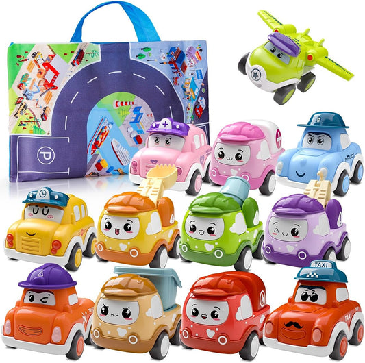 12-Piece Car Toys Set for Toddler Boys, Pull-Back Mini Trucks w/ Playmat, 1st Birthday Gift