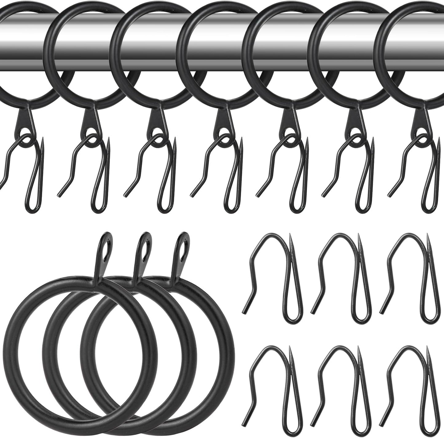 Secure & Stylish: 32 Metal Curtain Rings & Hooks Set 1.18 - Black