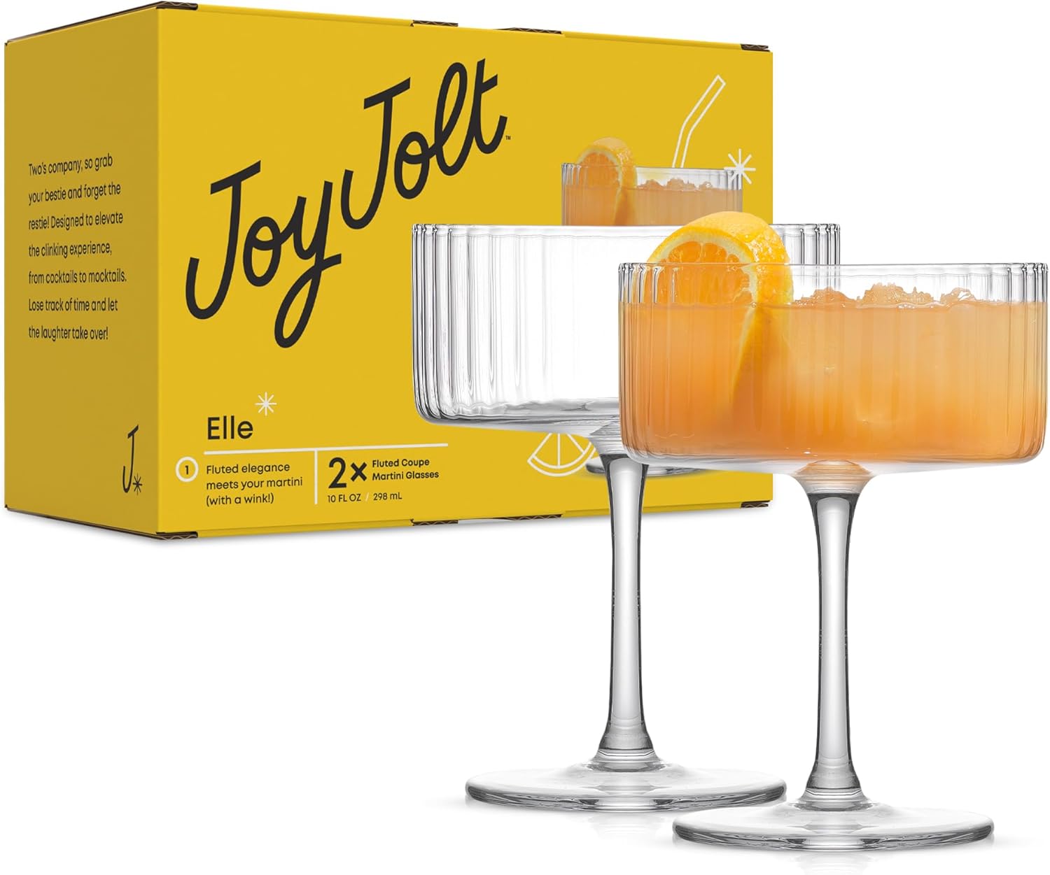 JoyJolt Fluted Ribbed Coupe Glasses - Set of 2, Vintage Style for Glamorous Cocktails
