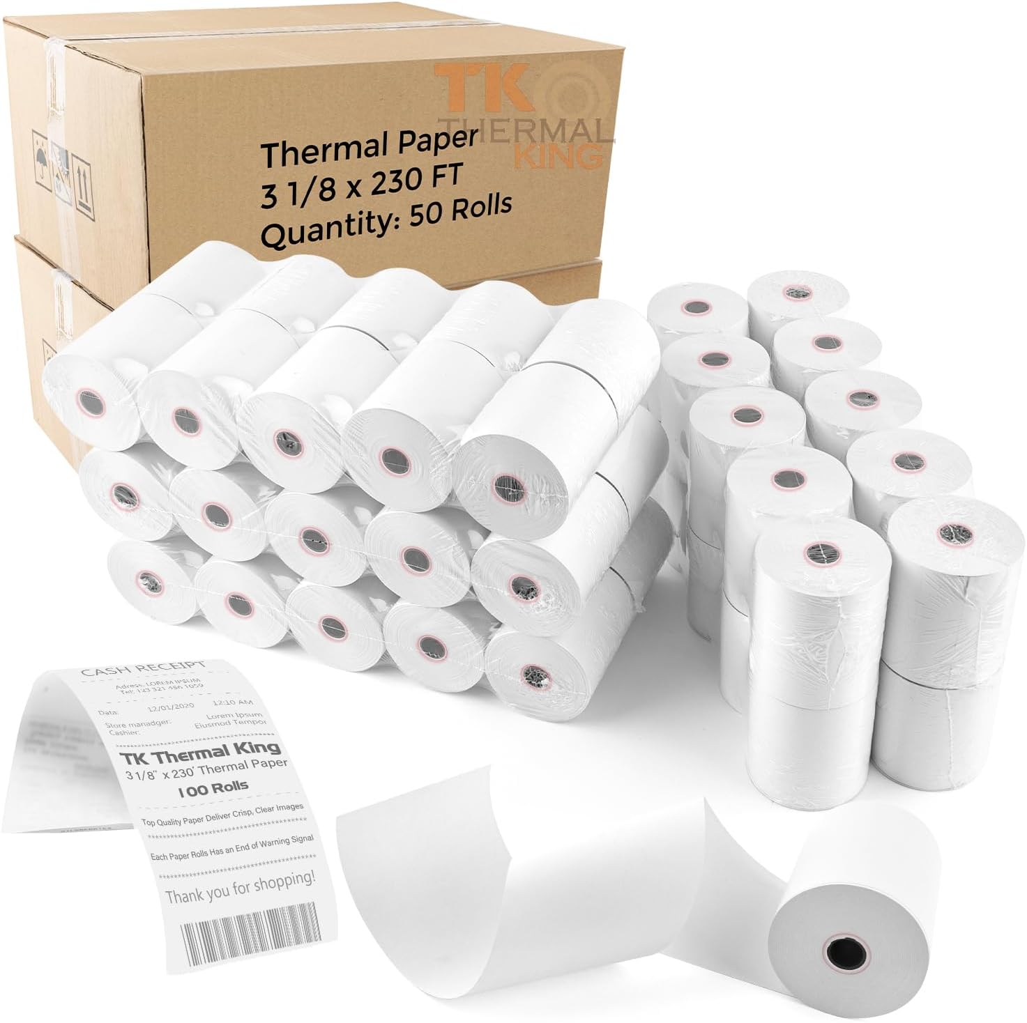 3 1/8in x 230ft Thermal Paper Rolls for POS Systems - 100 Count