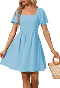 Women Puff Sleeve Square Neck Tie Back Dress - Flattering (Style KZ89)