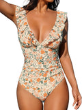 CUPSHE Women Ruffled One Piece Swimsuit V Neck Lace Up - Tummy Control
