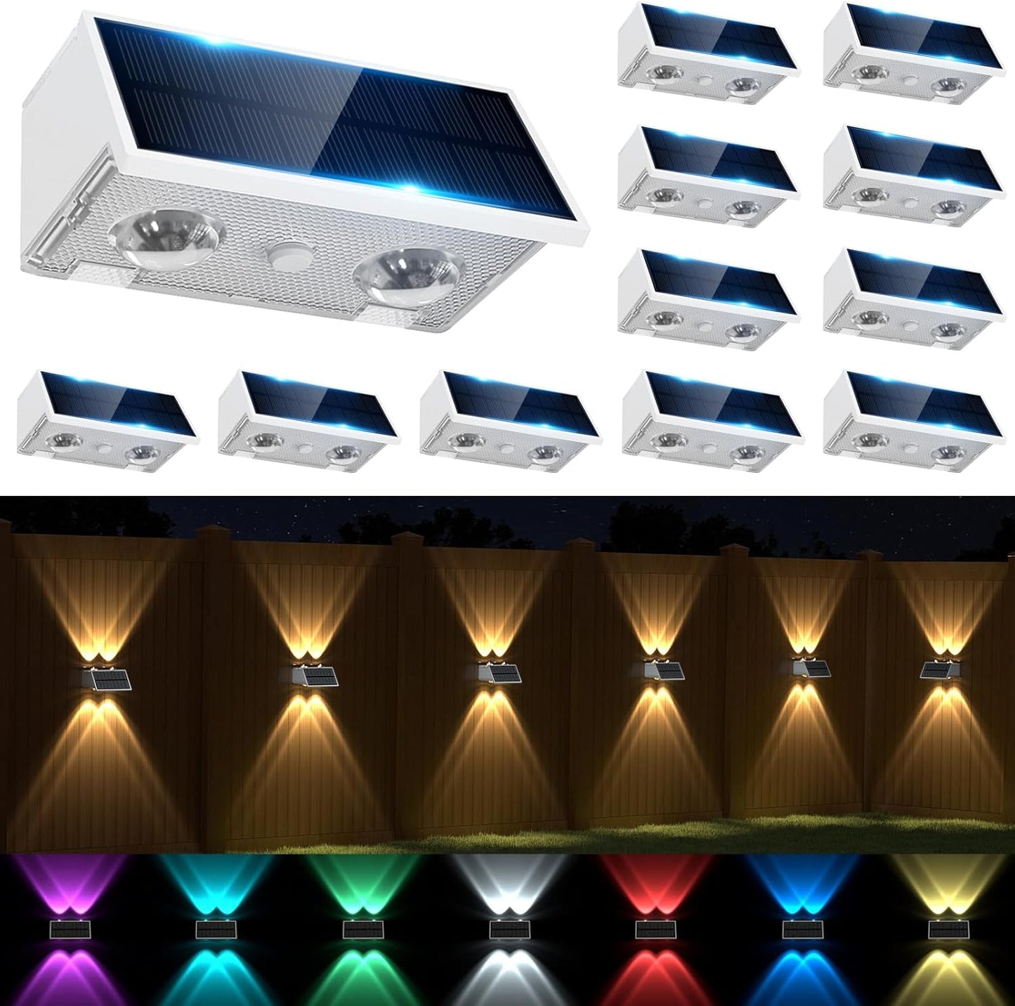 Solar Fence Lights Outdoor - 12 Pack RGB LED Waterproof Sconce