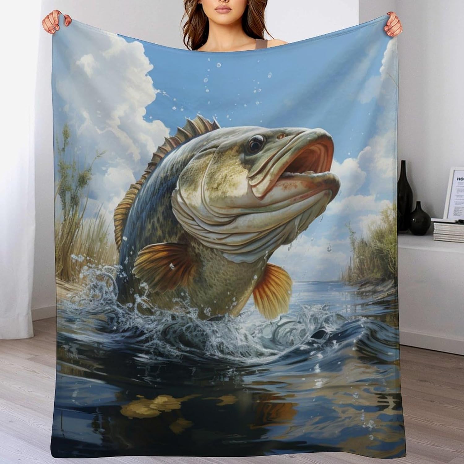 XUWU Bass Fish Throw Blanket | Soft Cozy Funny Flannel | Couch Sofa Camping Home Decor