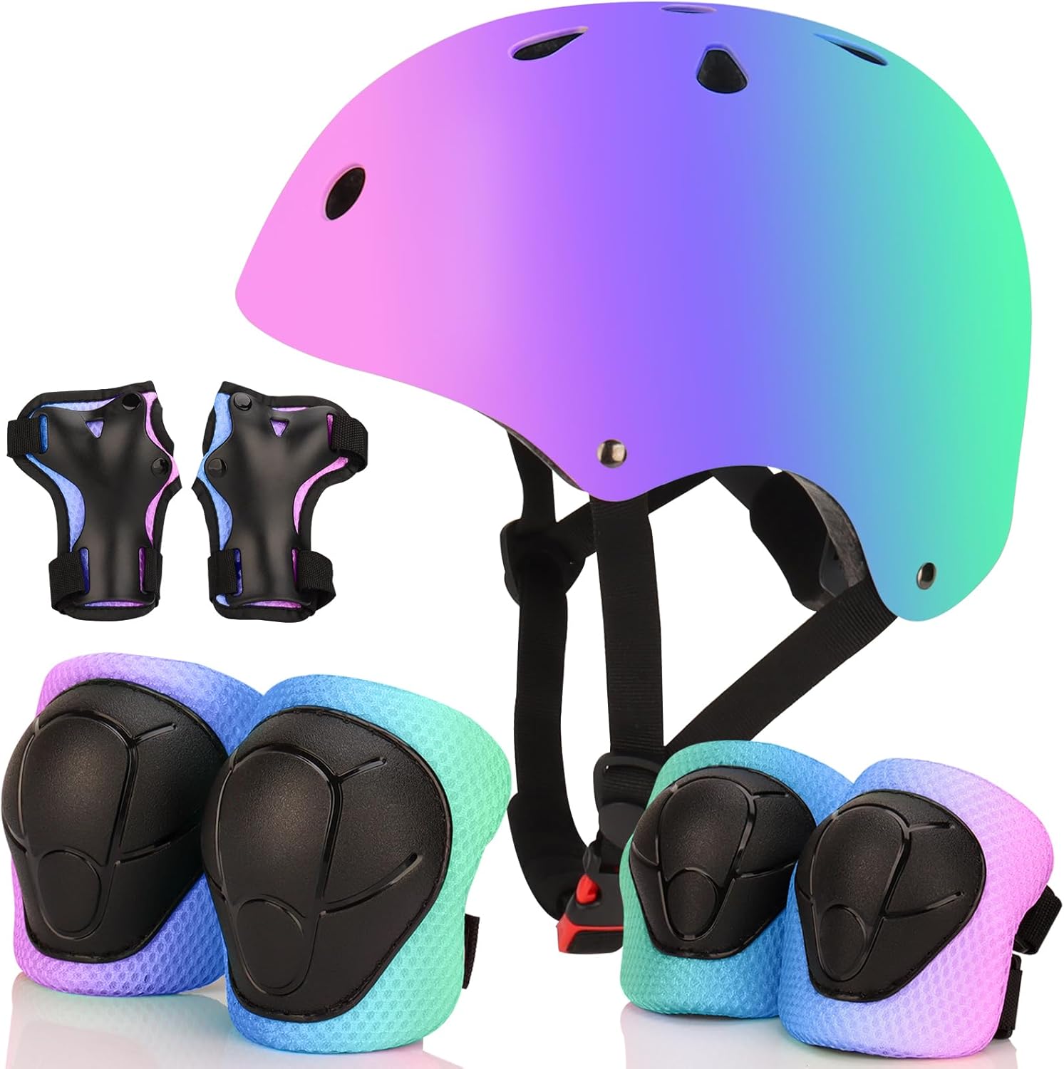 Color Gradient Adjustable Bike Helmet with Protective Gear Set