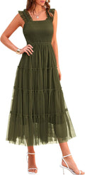 Women's Tulle Midi Sundress Sleeveless Smocked Ruffle - Flowy Midi