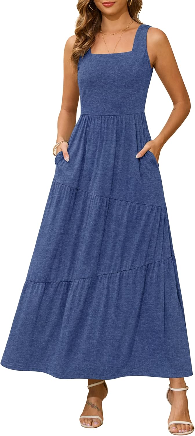 Kranda Summer Sleeveless Long Beach Sundress with Pockets