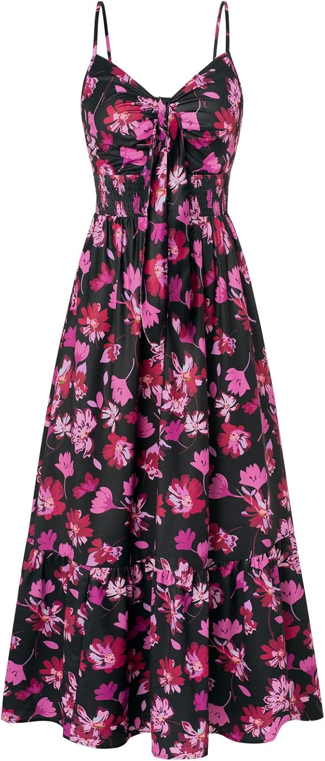 Summer Maxi Dress Floral Tie Front Spaghetti Strap Casual Style