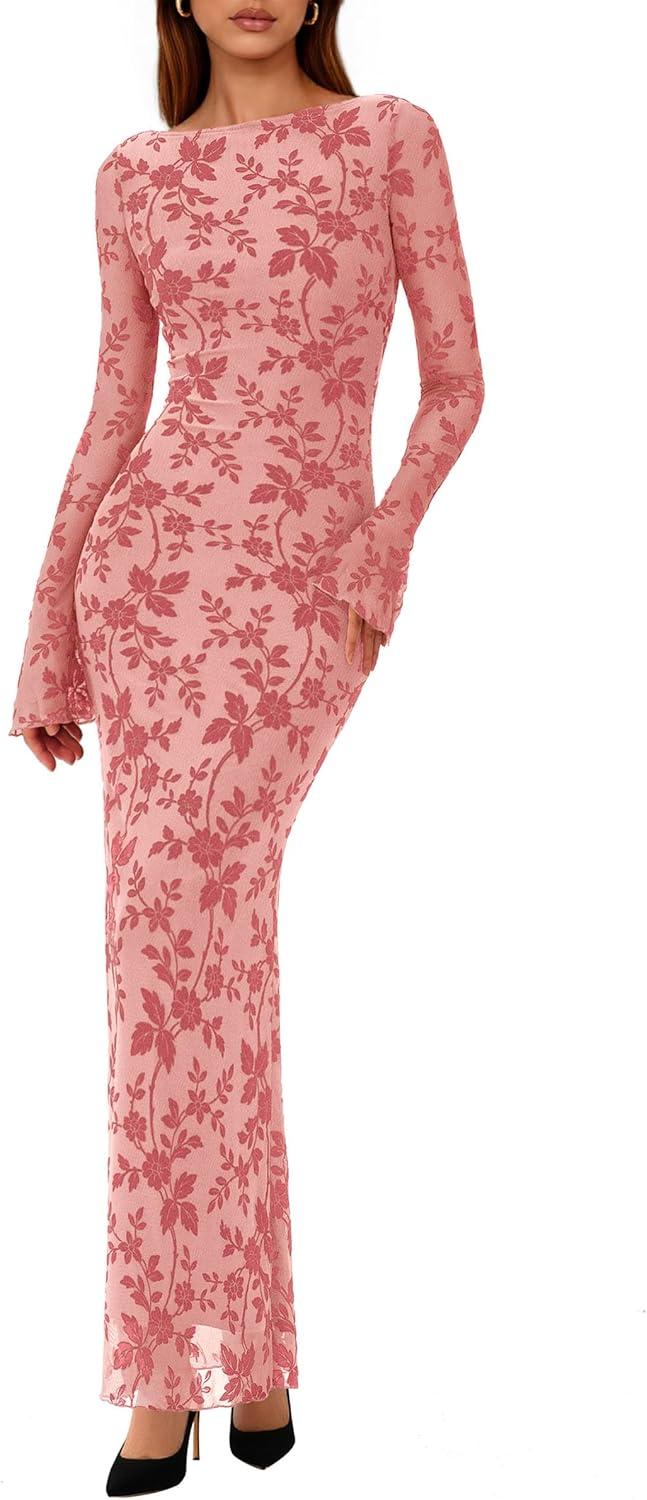 Floral Bodycon Maxi Dress for Women - Elegant Long Sleeve Style
