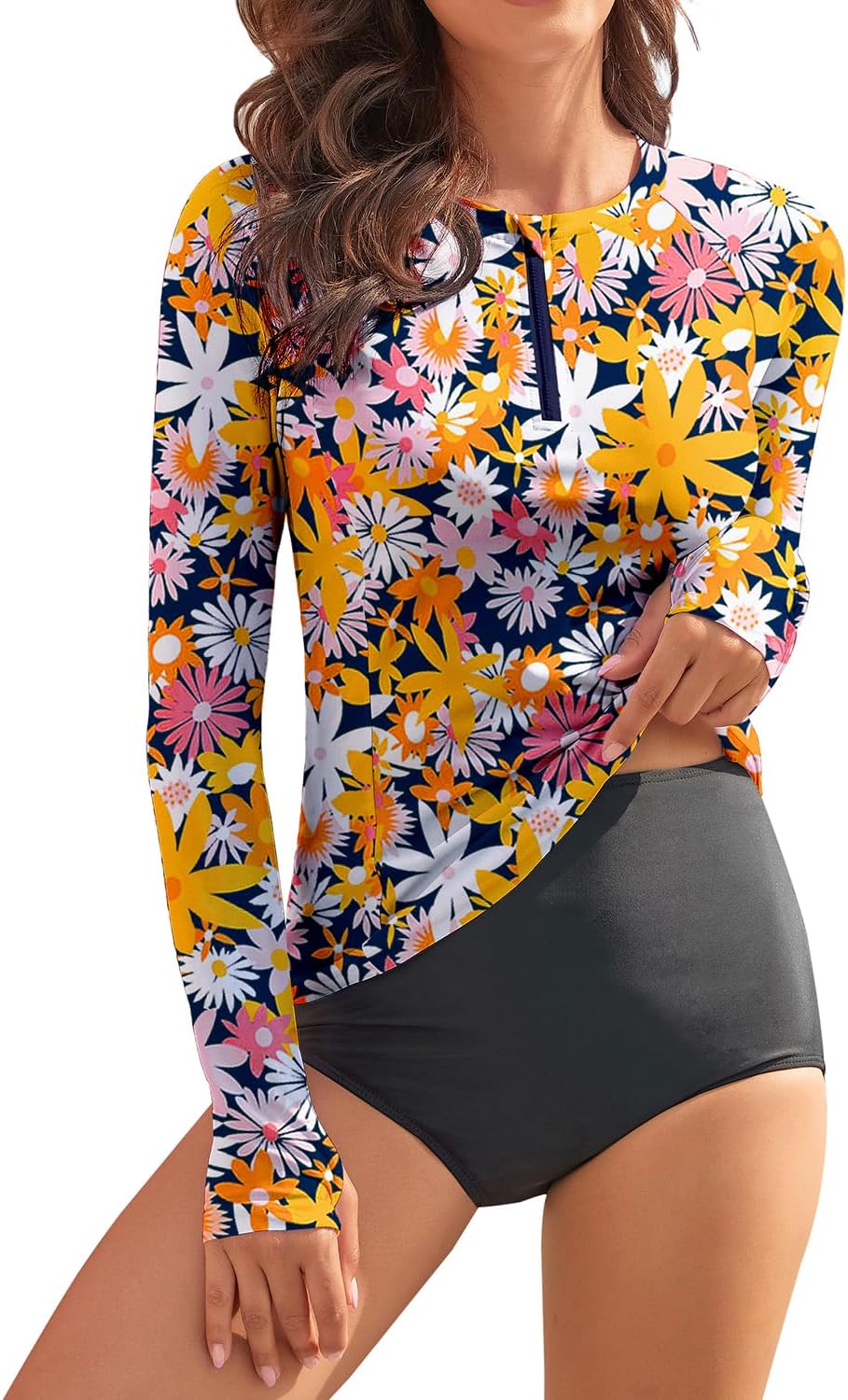 WOWENY Women Rash Guard Long Sleeve Swim Shirts for Sun Safety