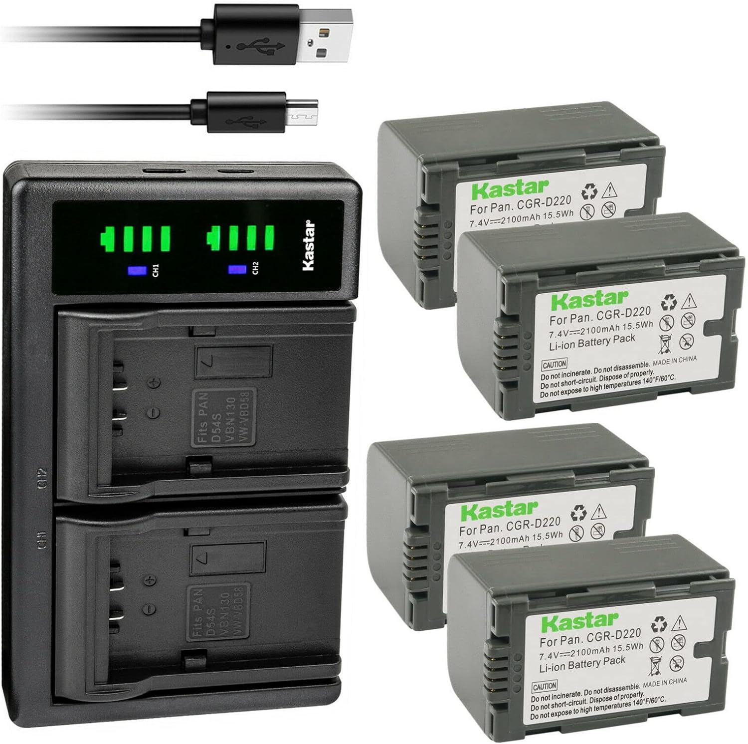 Kastar 4-Pack CGR-D16S Battery and USB Charger for Panasonic