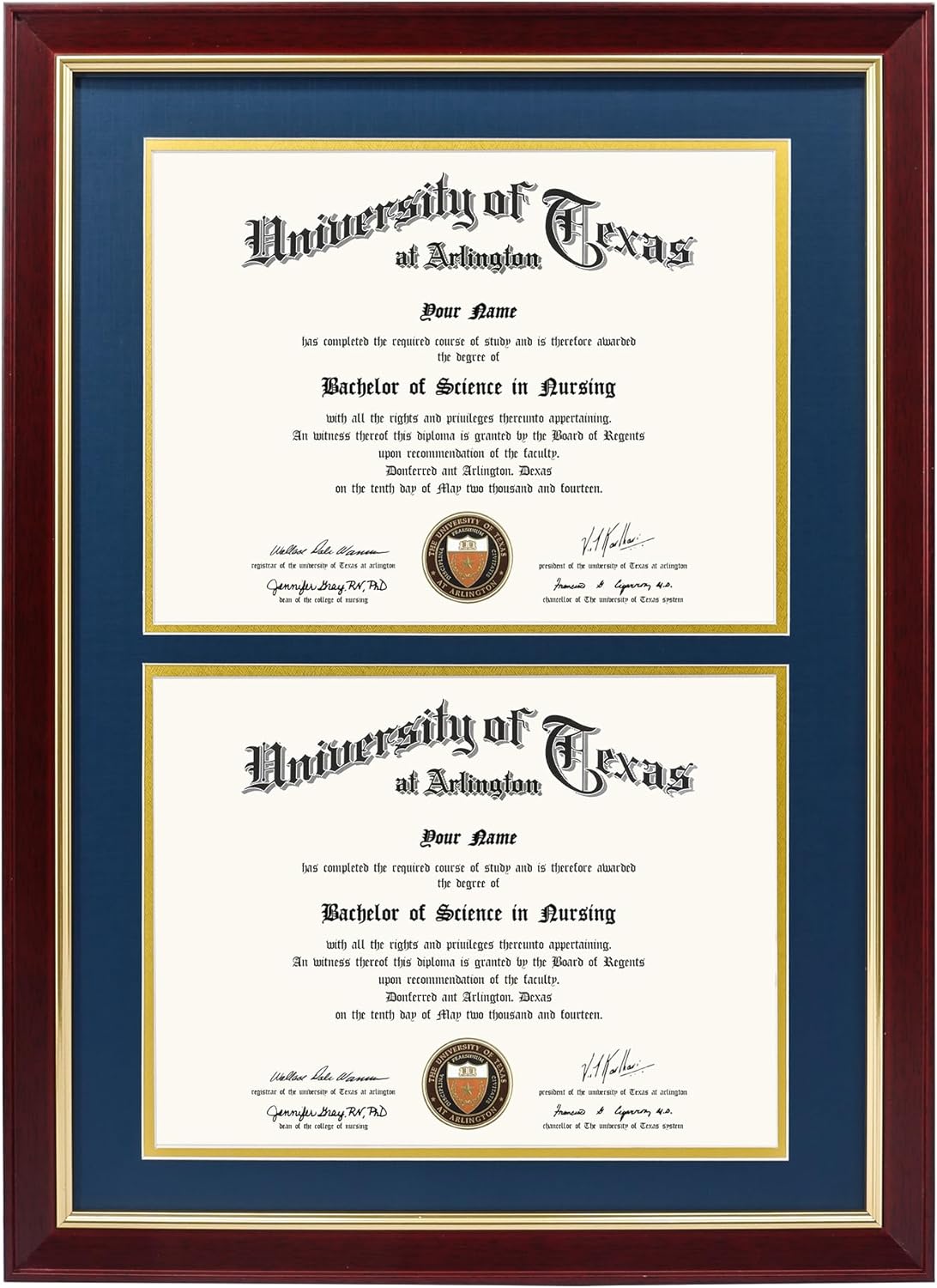 Double Diploma Frame for Two 8.5x11 Certificates in Navy Gold