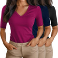 Ficerd 3 Pack Women's V Neck Half Sleeve T Shirts - Slim, Comfortable