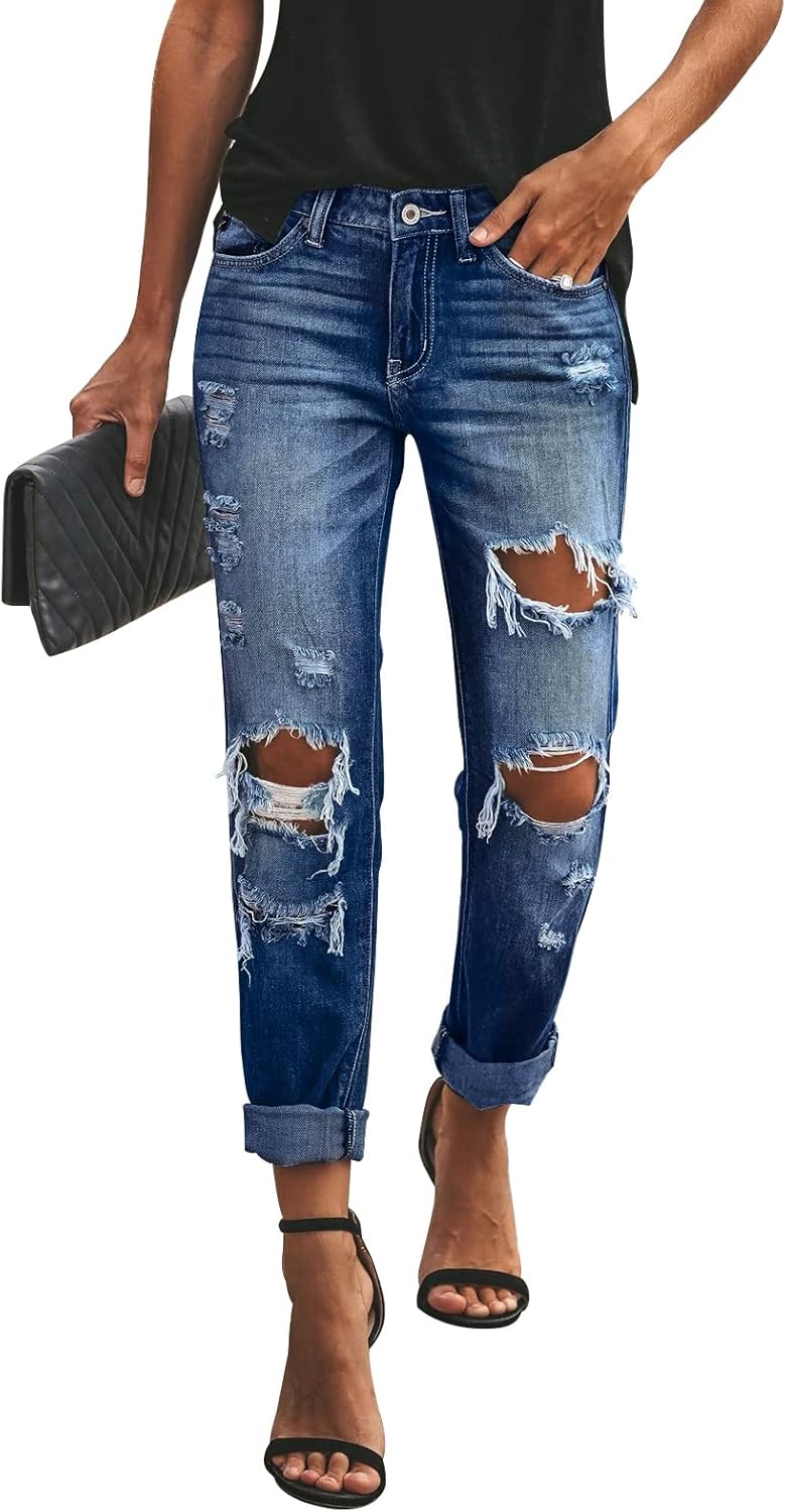 KUNMI Women's Ripped Boyfriend Jeans for Trendy Casual Style