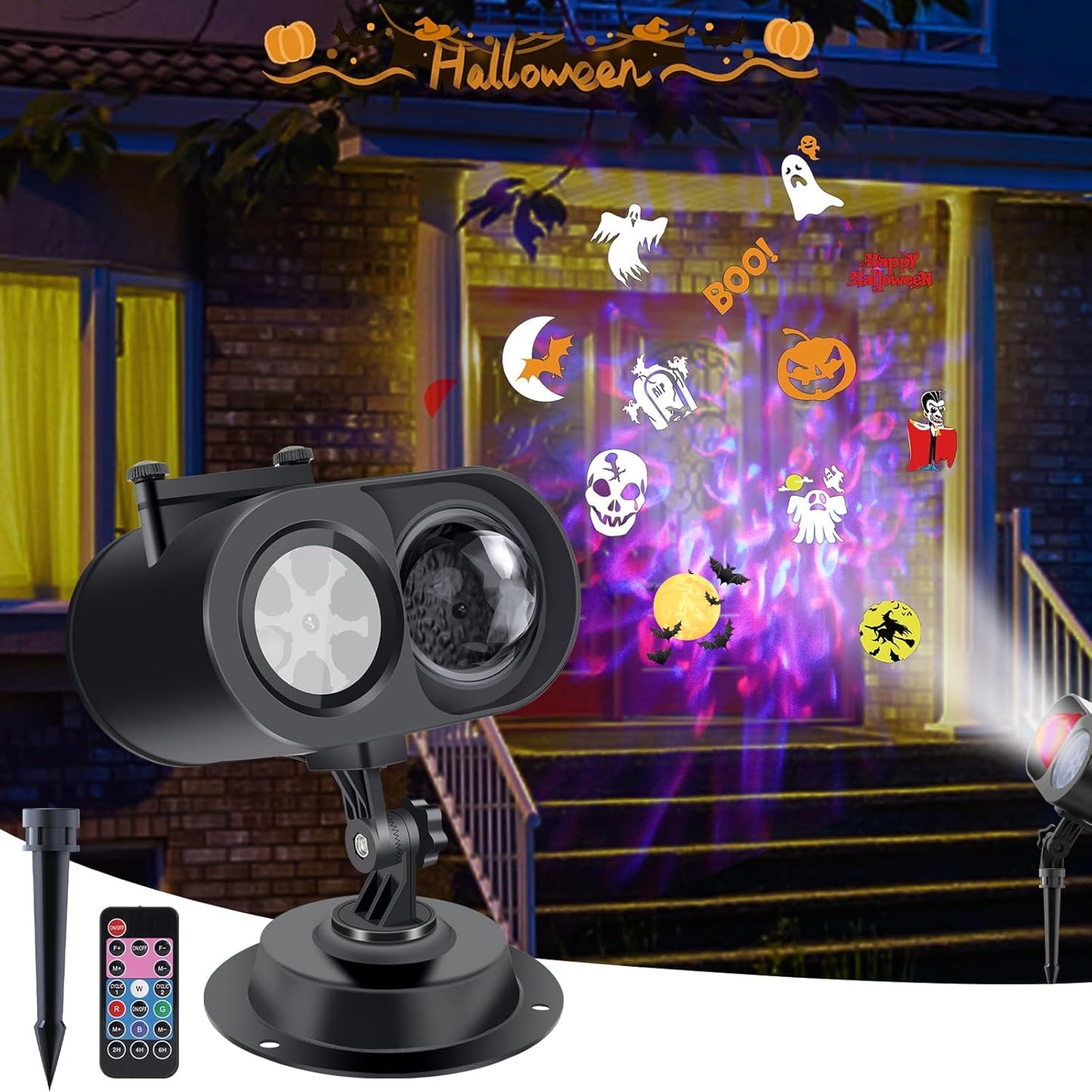 2-in-1 Holiday Projector Light Show: 15 Colors, 12 Slides, Waterproof - AOMIL