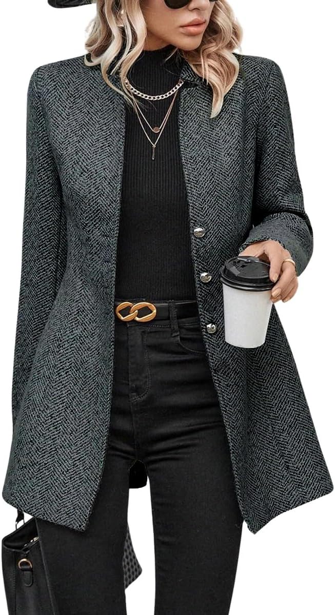 Chouyatou Women's Herringbone Wool Coat for Business Casual Wear