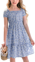 Girls Summer Dress Kids Floral Square Neck Puff Sleeve A-Line Midi is
