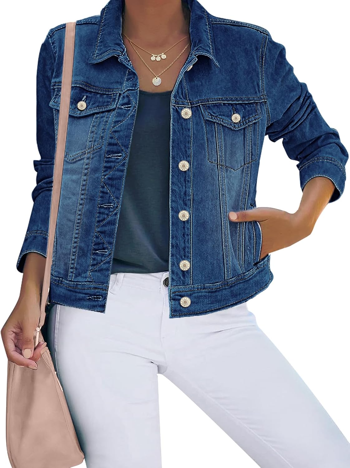Luvamia Women's Basic Button Down Stretch Fitted Denim Jacket