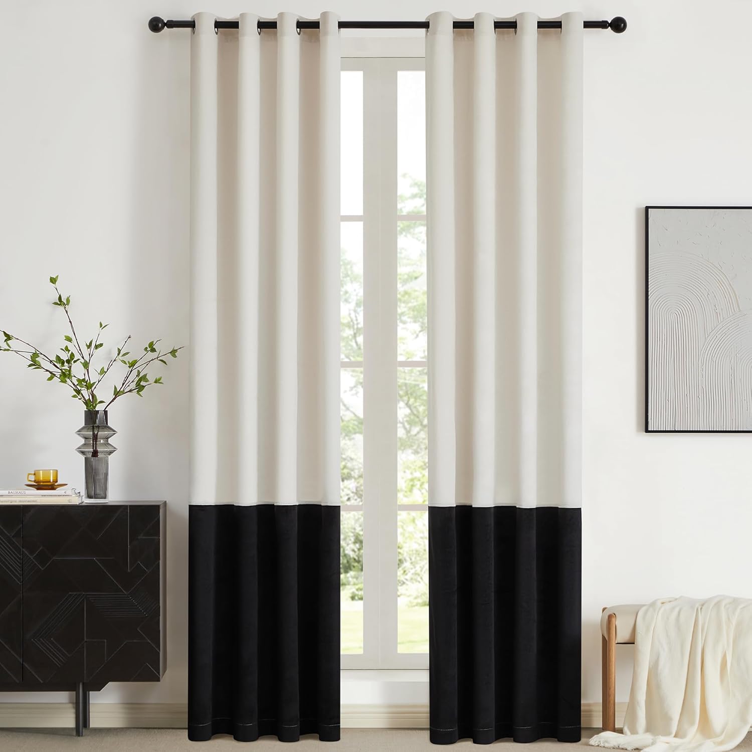 BULBUL Cream Black Color Block Velvet Curtains for Home