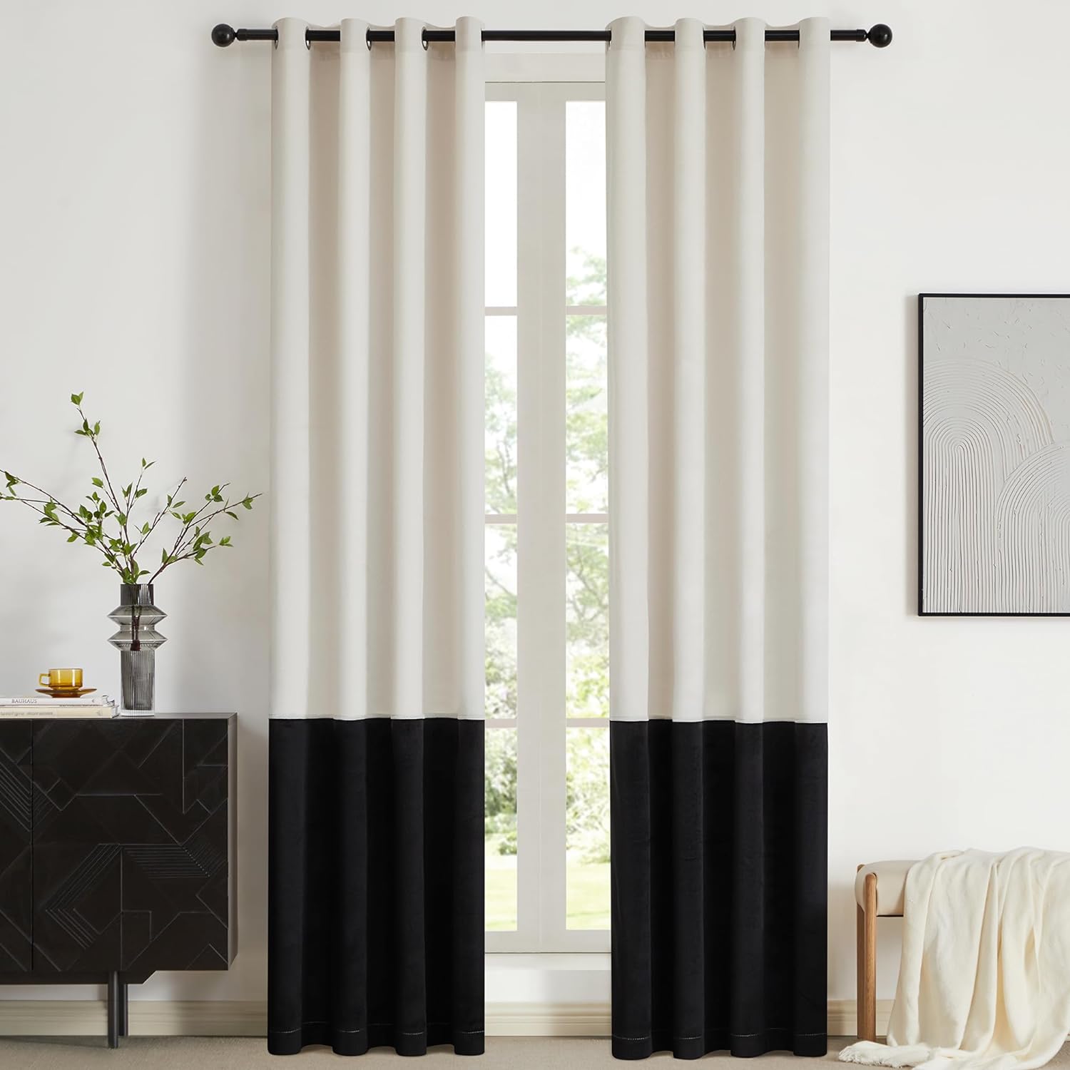 BULBUL Cream Black Color Block Velvet Curtains for Home Decor