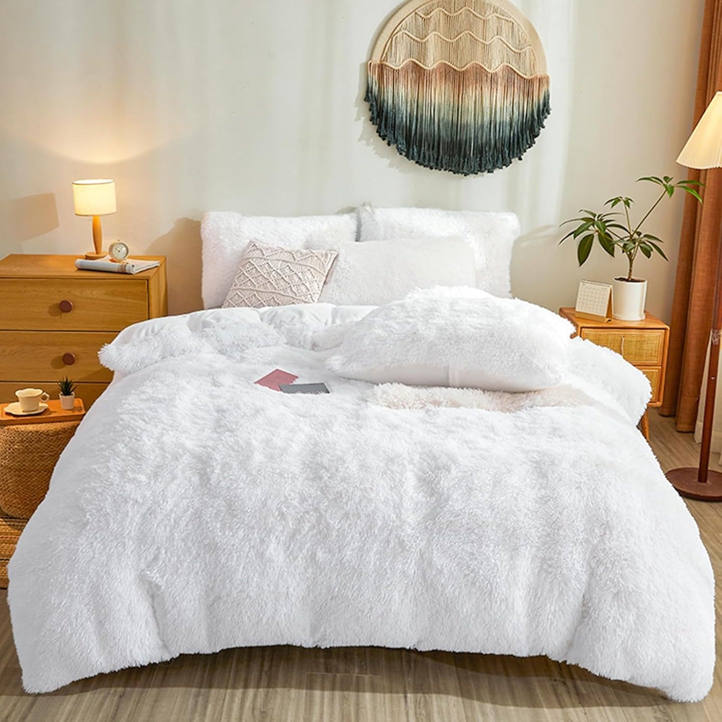 Fluffy Faux Fur White Comforter Cover Queen Set for Cozy Bedding