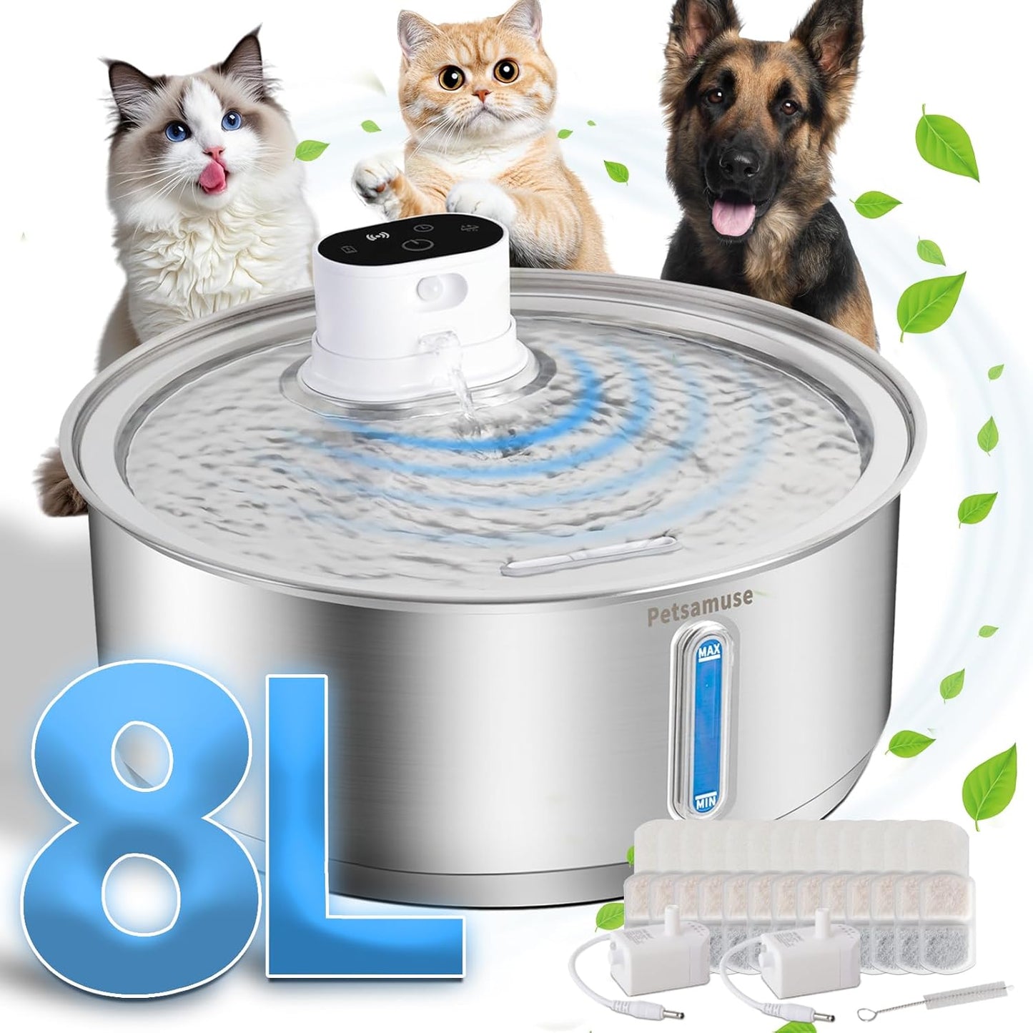 Stainless Steel Dog Water Fountain with Motion Sensor and Filters