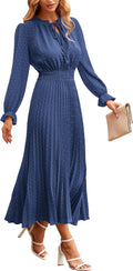 Women's Swiss Dot Midi Dress with Tie V Neck - Flowy Pleated Fit