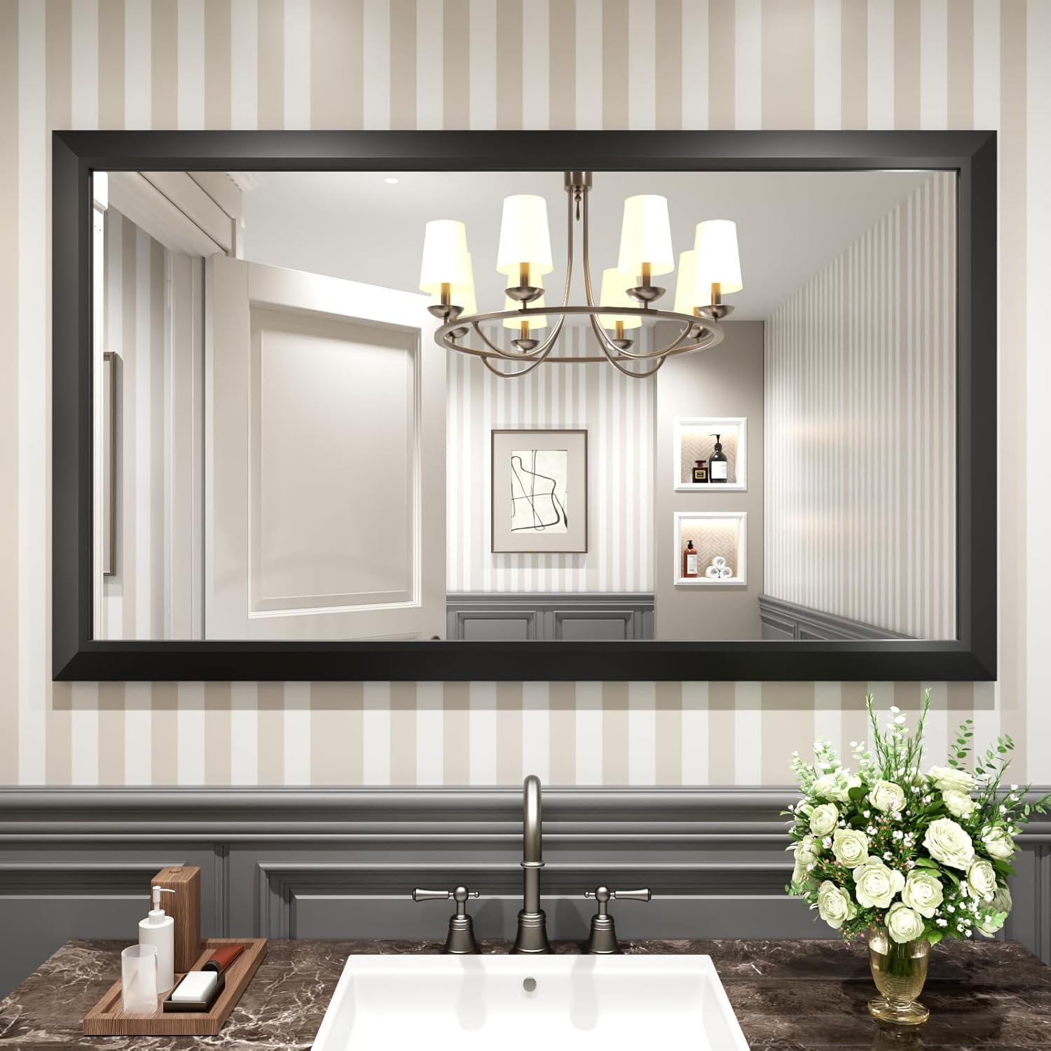 Amorho Black Bathroom Mirror 55x32 Inch Thick Metal Frame