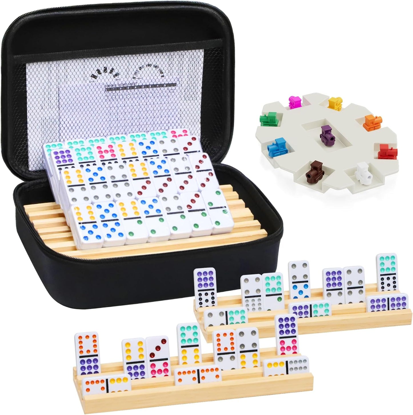 Mexican Train Dominoes Set with 4 Wooden Trays for Fun