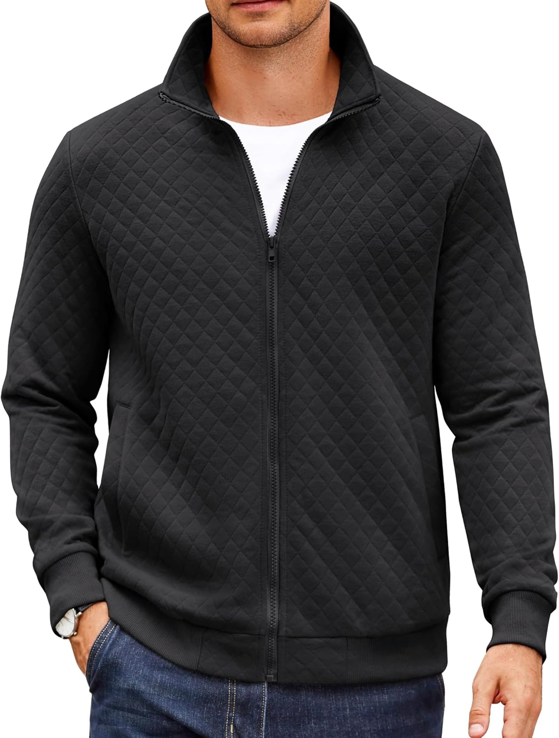 COOFANDY Mens Zip Up Sweatshirt Mock Neck Quilted Jacket Review