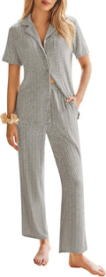 Ekouaer Womens Rib Knit Pajamas Button Up Lounge Set - Comfortable has