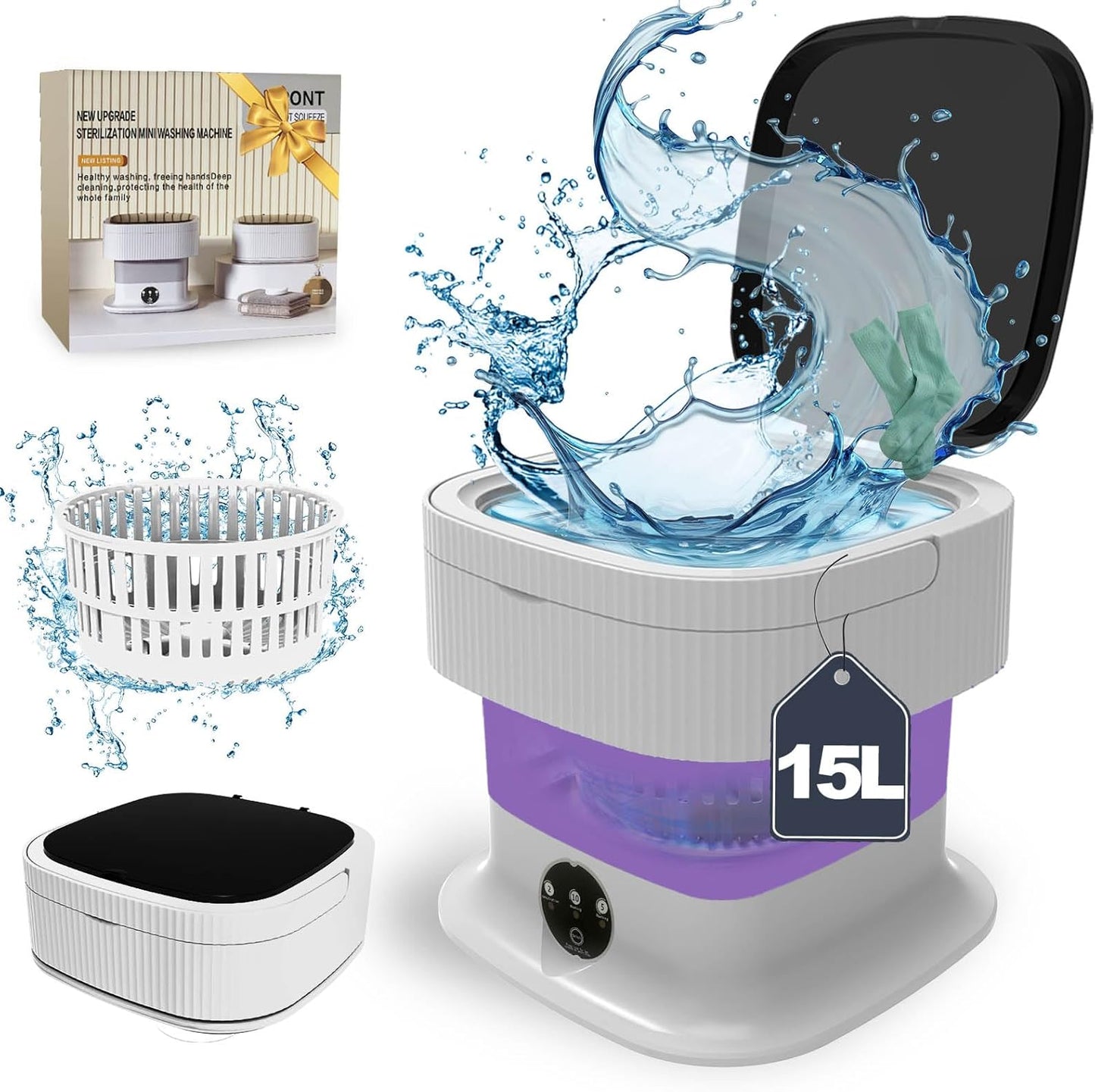 Compact Mini Washer: 15L Capacity, Portable Spin Dryer - Purple Power!