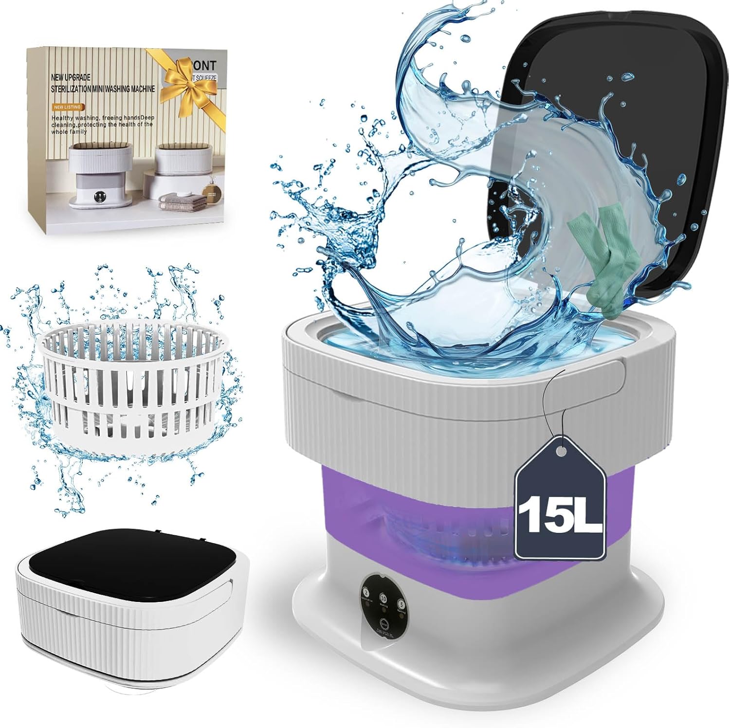 Compact Mini Washer: 15L Capacity, Portable Spin Dryer - Purple Power!