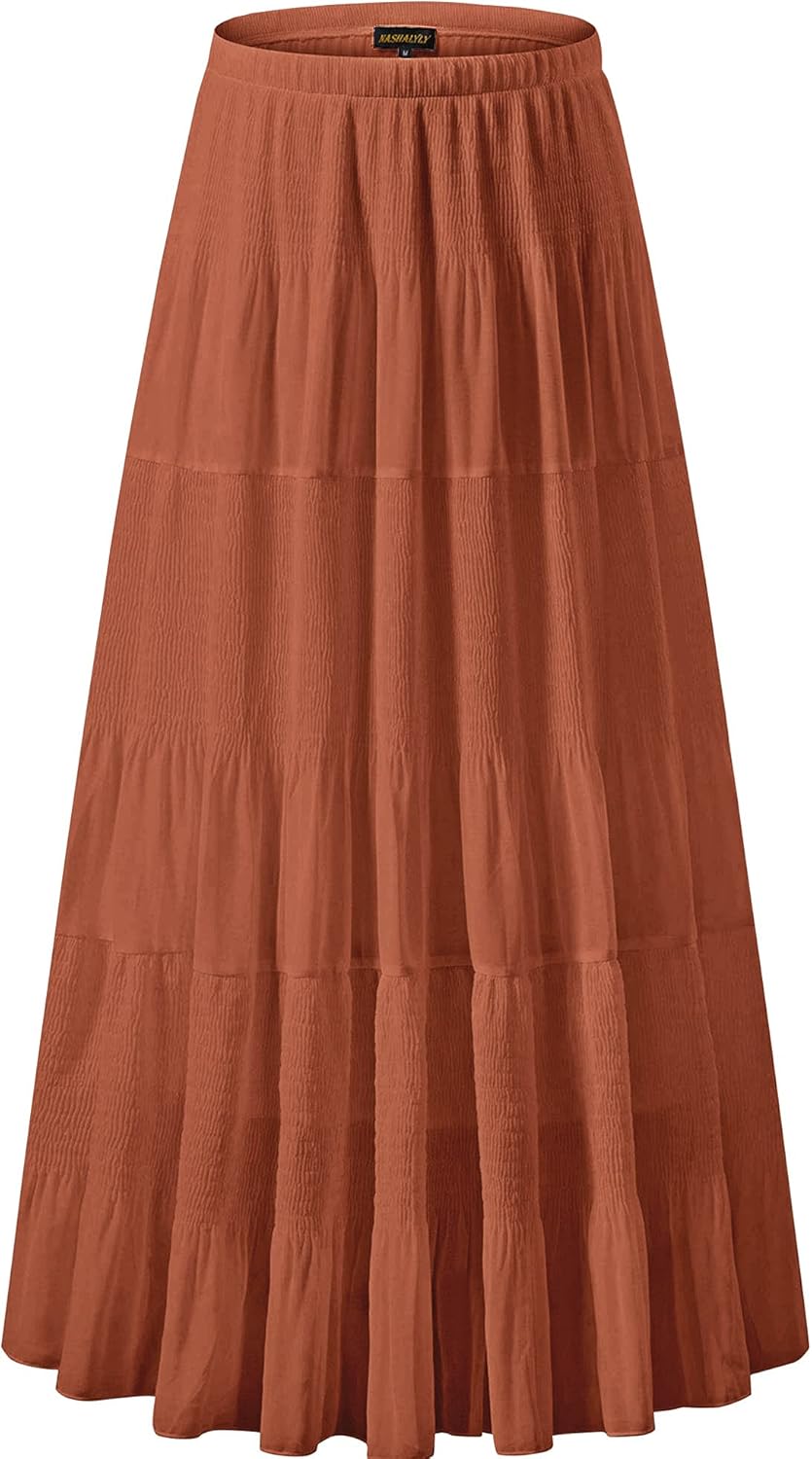 Chiffon Elastic High Waist Pleated A-Line Maxi Skirt for Women