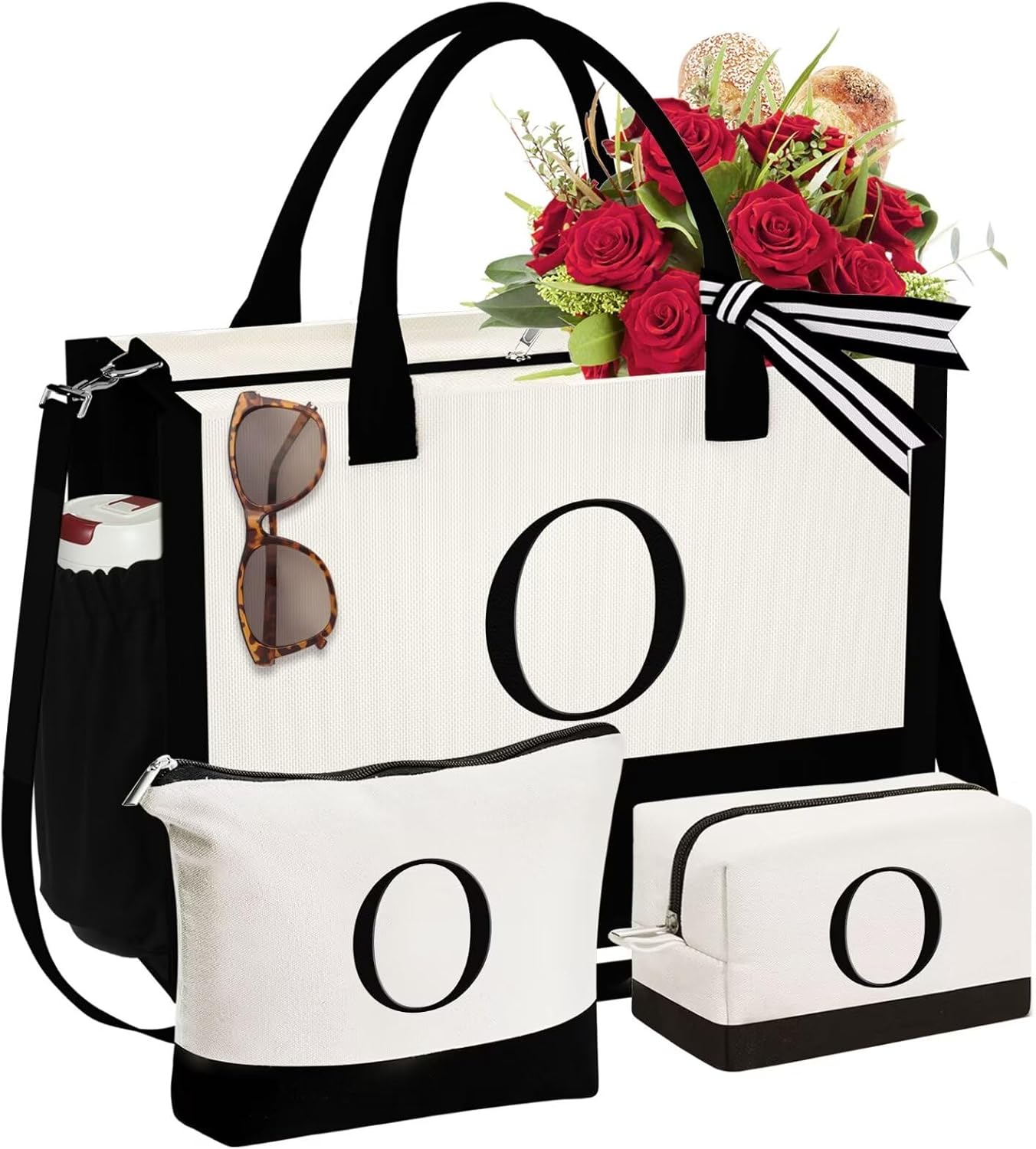 Personalized Initial Canvas Tote Bag & Makeup Bag Set for Women