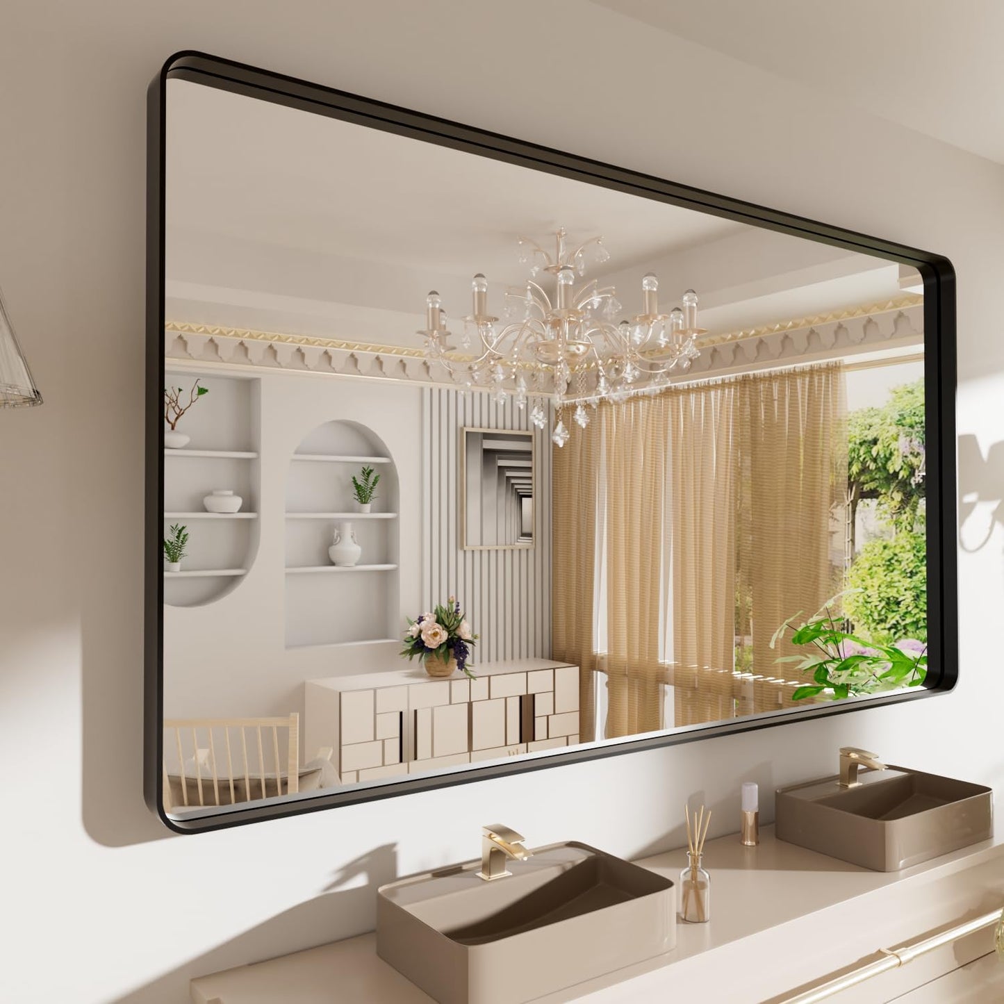 Large Rounded Rectangle Bathroom Mirror with Matte Black Frame