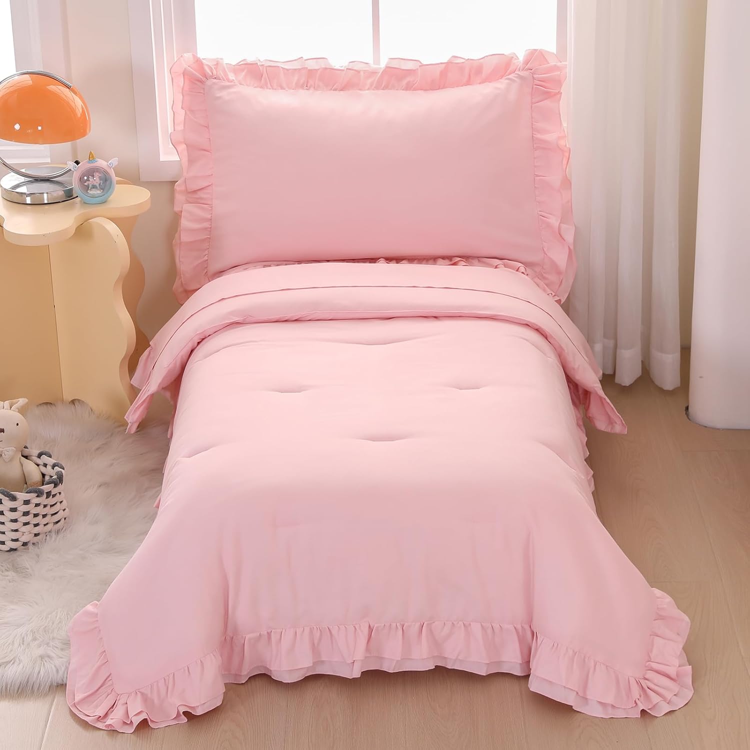 Wowelife Pink Toddler Bedding Set for Girls with Ruffles Design