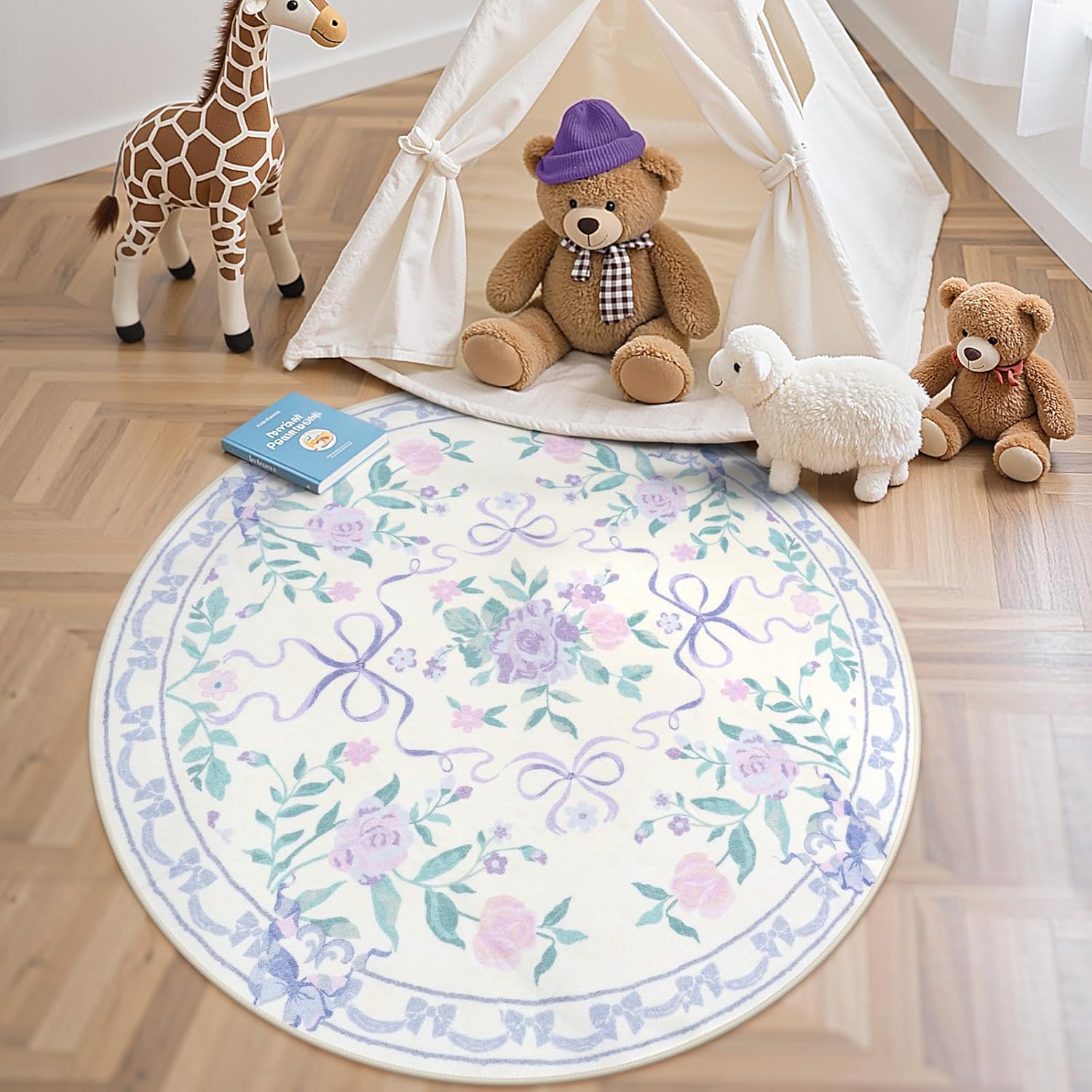 Collive Purple Bow Round Rugs for Girls - Floral Washable Decor